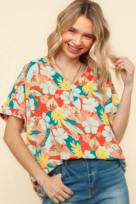 Haptics V Neck Drop Shoulder Hawaiian Woven Top for Summer - Love Salve
